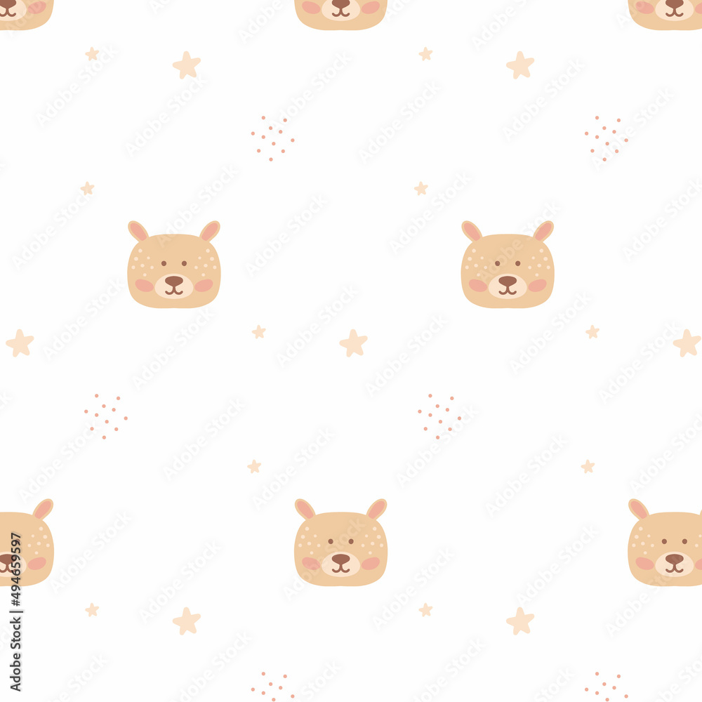 Childish seamless pattern with cute bear head. Baby boho style. Hand-drawn pattern with bear vector illustration.