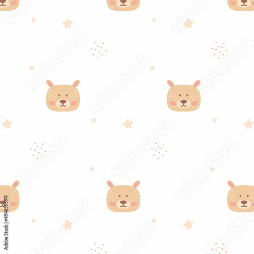 Childish seamless pattern with cute bear head. Baby boho style. Hand-drawn pattern with bear vector illustration.