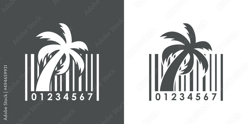 Beach holidays. Destino de vacaciones. Banner con silueta de palmera en código de barras con líneas en fondo gris y fondo blanco
