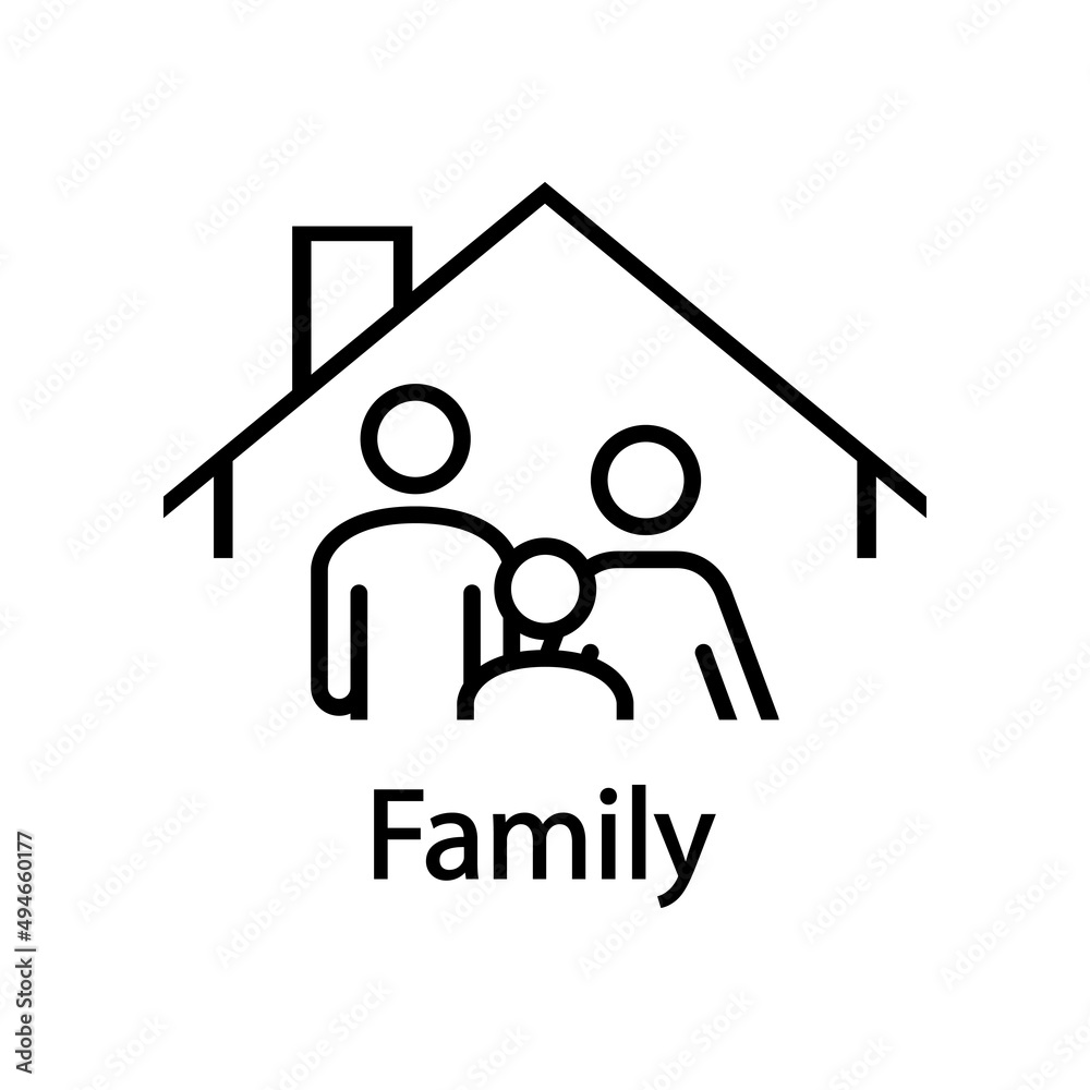 Seguro del hogar. Logotipo con texto Family con silueta de hombre, mujer y niño en tejado de casa con líneas en color negro Seguro del hogar. Logotipo con texto Family con silueta de hombre, mujer y niño en tejado de casa con líneas en color negro