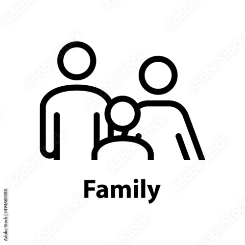 Icono grupo familiar. Logotipo con texto Family con silueta de hombre, mujer y niño con líneas en color negro