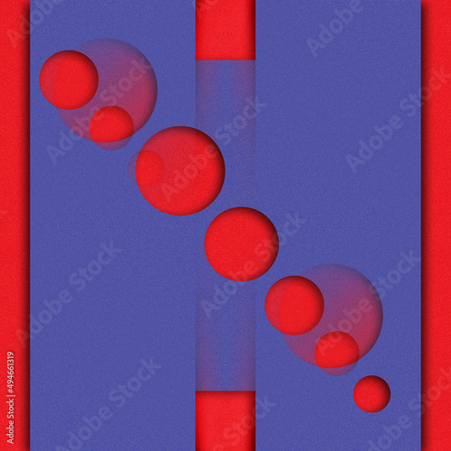 3D indented background with red and blue discs.