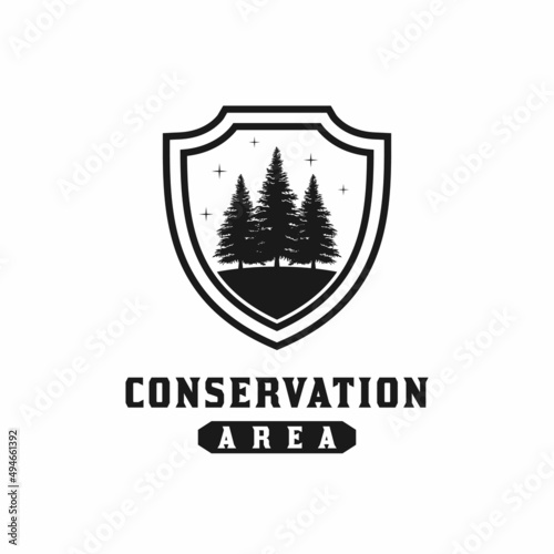 Pine Tree with Shield For Protected Forest Logo, Or Nature Reserve Design Inspiration
