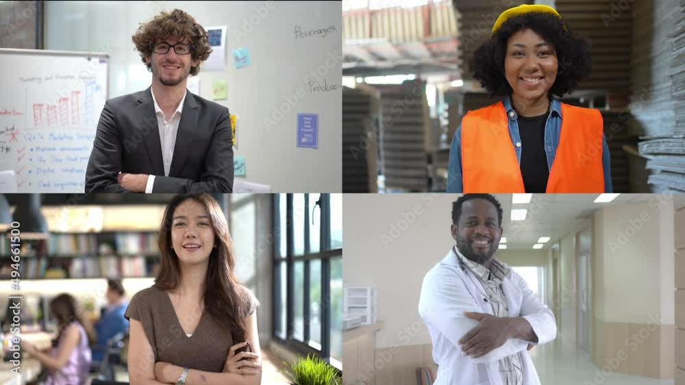 A four-screen video of happy diverse multiethnic people, men and women, Caucasian, African, Asian, and African-American, with different occupations, standing with arms crossed and smiling at camera.