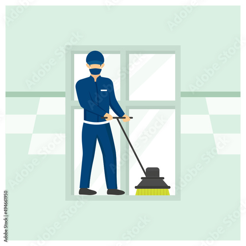 Man Scrubbing Floor with machine Concept, house sweeper vector icon design, Industrial cleaning service symbol, office and street caretaker Sign, maintenance appliance and equipment stock illustration