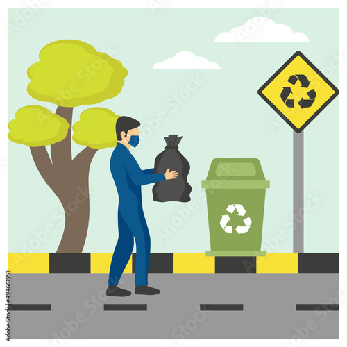 Man Who Removes Trash Is A Dump In The Streets Concept, Sanitation worker vector icon design, Industrial cleaning service symbol, office and street caretaker Sign, maintenance appliance and equipment
