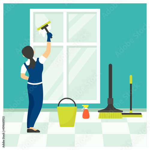 man worker housekeeping cleaning glass Concept, Guy doing chores vector icon design, Industrial cleaning service symbol, office and street caretaker Sign, maintenance appliance and equipment stock