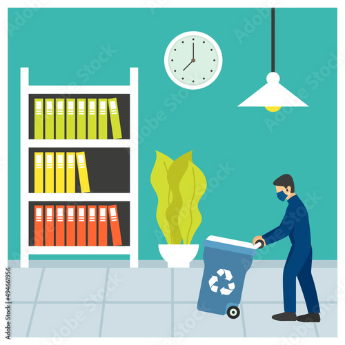 Male janitor cleaning and taking out the trash Concept vector icon design, Industrial cleaning service symbol, office and street caretaker Sign, maintenance appliance and equipment stock illustration