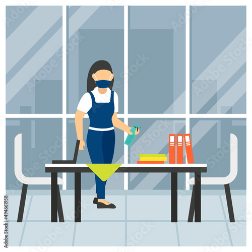 Disinfecting workspace Concept, Sanitizing Desk and chairs vector icon design, Industrial cleaning service symbol, office and street caretaker Sign, maintenance appliance and equipment stock 