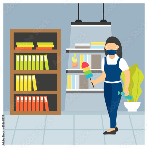 Woman maid holding Telescopic Duster Concept, Soft Microfiber brush vector icon design, Industrial cleaning service symbol, office and street caretaker Sign, maintenance appliance and equipment stock