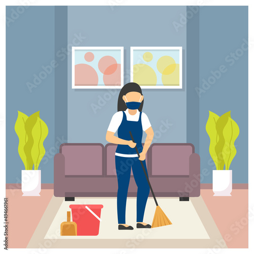 Woman worker is holding mop Concept, Interior hygiene vector icon design, Industrial cleaning service symbol, office and street caretaker Sign, maintenance appliance and equipment stock illustration