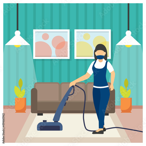 Maid cleaning hotel room Concept, housekeeping Staff vector icon design, Industrial cleaning service symbol, office and street caretaker Sign, maintenance appliance and equipment stock illustration