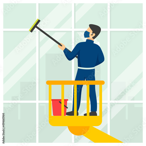 Window washing on high-rise office building in crane beam Concept vector icon design, Industrial cleaning service symbol, office and street caretaker Sign, maintenance appliance and equipment stock