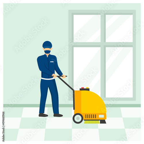 Housekeeping worker with Electric Floor Shine Concept vector icon design, Industrial cleaning service symbol, office and street caretaker Sign, maintenance appliance and equipment stock illustration