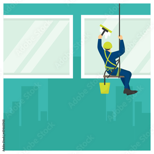 Employee in Uniform Overall Skyscraper Washing Window with Scraper Concept vector icon design, Industrial cleaning service symbol, office and street caretaker Sign, maintenance appliance and equipment