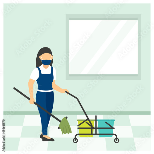 Maid Cleaning The Floor With Mop In Office Concept vector icon design, Industrial cleaning service symbol, office and street caretaker Sign, maintenance appliance and equipment stock illustration