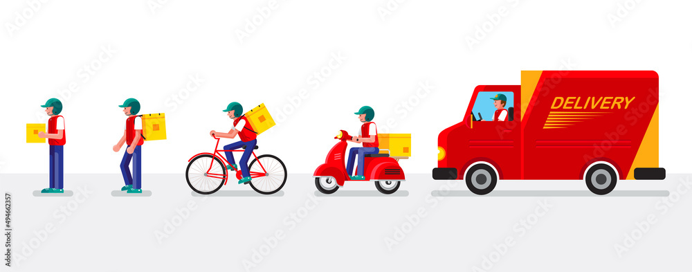 Online delivery service concept, Warehouse, truck, scooter bicycle and walk.