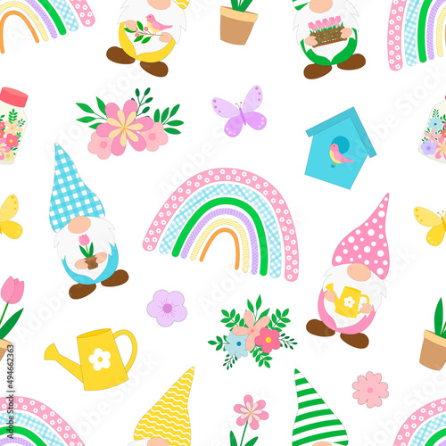 Seamless pattern spring Gnomes flowers rainbow vector illustration