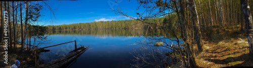 photo background view of the beautiful forest lake in the Mari pine taiga, in the reserve, Volga region, Russia
