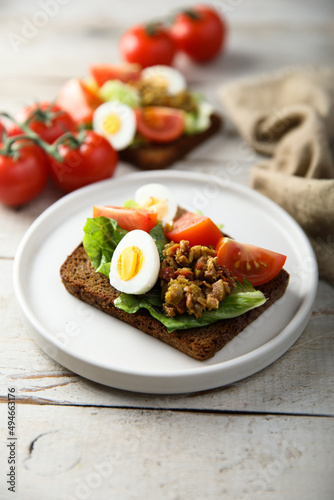 Egg toast with tomato and olive paste