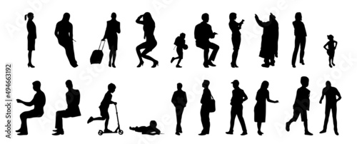 Vector silhouettes, Outline silhouettes of people, Contour drawing, people silhouette, Icon Set Isolated, Silhouette of sitting people, Architectural set	