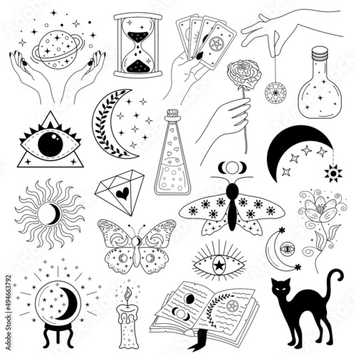 Boho magic doodle set. Hand drawn esoteric astrology symbols. Witchcraft mystic alchemy collection.
