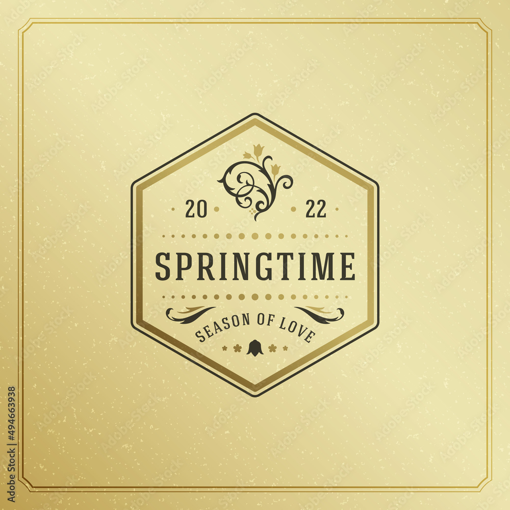 Spring badge vector typographic design vintage greeting card. Golden textured background. Eps 10.