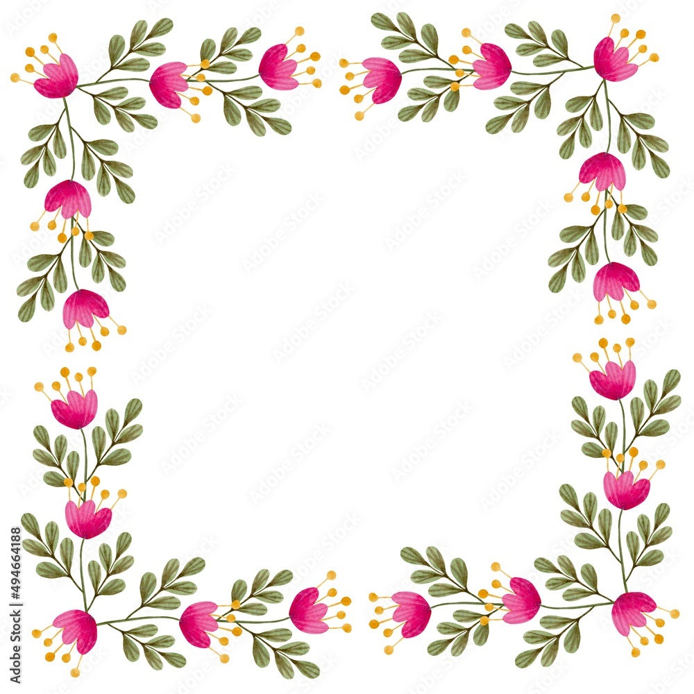 Square frame of pink watercolor flowers in folk art style. Cute hand-drawn floral border isolated on a white background. Save the date decor. Romantic greeting card design with empty space for text