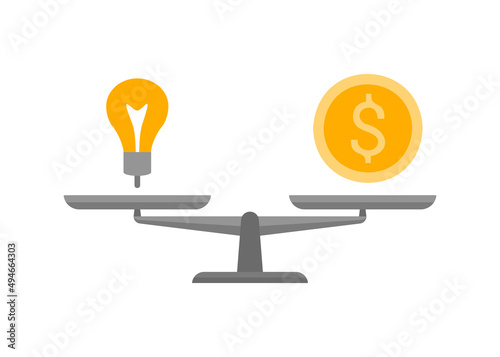 Bowls of scales in balance idea and money. Bulb and coin sign in comparison, choice, priority. Weights with concept idea and money coin. Libra measure value. Vector illustration