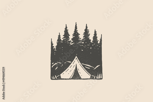 Silhouette of tall fir trees with a tourist tent, drawn with a stamp effect. Vector illustration in vintage emblem style.