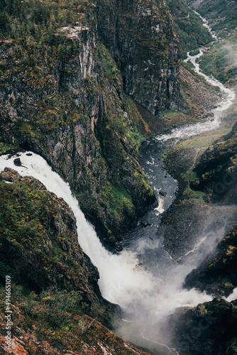 panorama view of waterfall v  ringfossen in norway on a rainy summer day