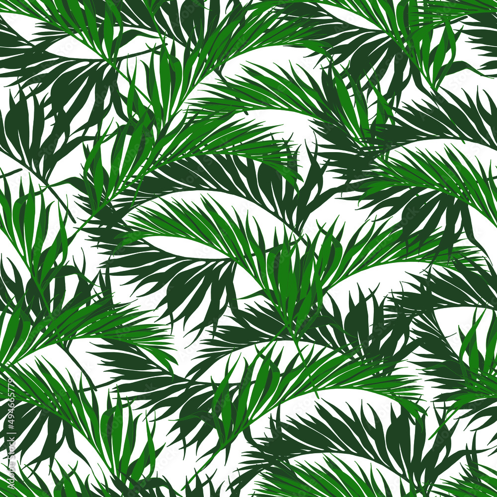 Vector seamless pattern: a lot of green fresh tropical palm leaves on white. Summer natural design for textile, wallpaper, wrapping paper Vector seamless pattern: a lot of green fresh tropical palm leaves on white. Summer natural design for textile, wallpaper, wrapping paper