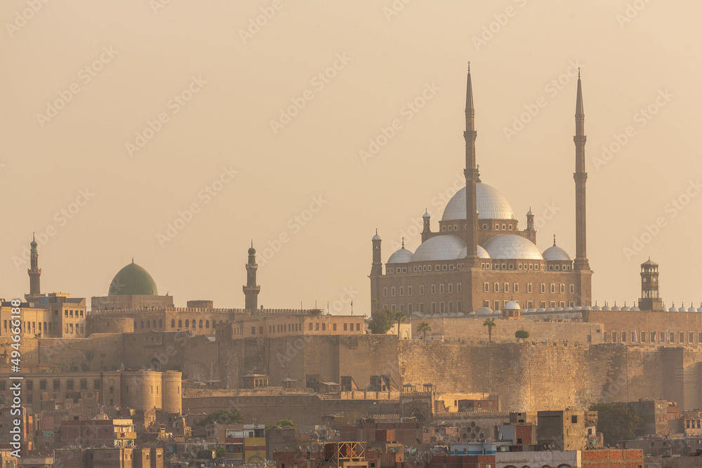 Cairo, Egypt - January 2022: View over Muhammad Ali mosque at Salah El-Din Al-Ayoubi citadel from Bob Zuweila at sunset