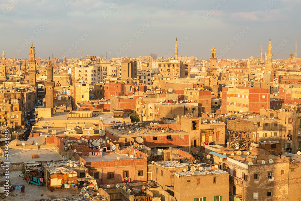 Cairo, Egypt - January 2022: Panoramic city view from Bob Zuweila at sunset