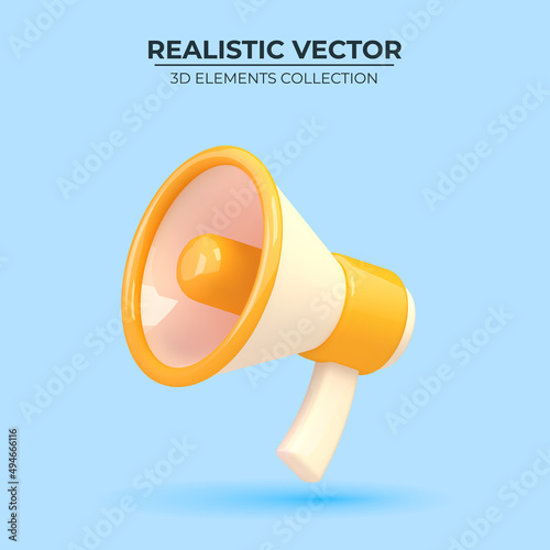 3D vector Megaphone on blue background. Realistic 3d design. Trendy yellow and blue colors. Design in cartoon style. Vector illustration