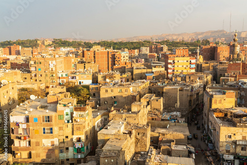 Cairo, Egypt - January 2022: Panoramic city view from Bob Zuweila at sunset