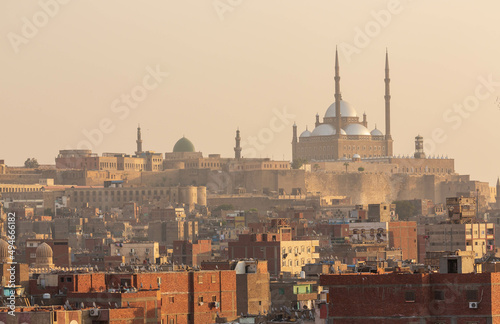 Cairo, Egypt - January 2022: View over Muhammad Ali mosque at Salah El-Din Al-Ayoubi citadel from Bob Zuweila at sunset photo
