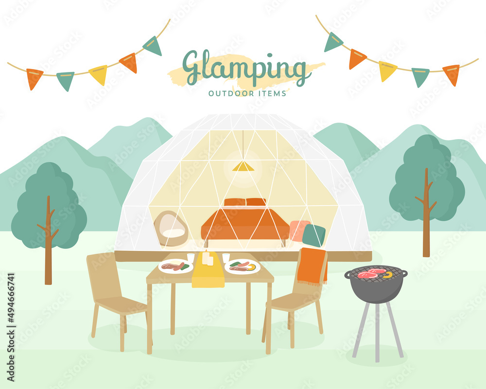 グランピングのイラスト キャンプ アウトドア ドームテント q 旗 テーブル 屋外 山 Stock Vector Adobe Stock