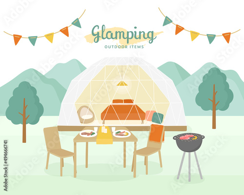 グランピングのイラスト　キャンプ　アウトドア　ドームテント　BBQ　旗　テーブル　屋外　山