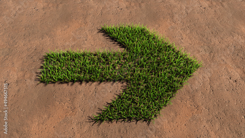 Concept or conceptual green summer lawn grass symbol shape on brown soil or earth background, road sign. 3d illustration metaphor for navigation, strategy, journey, guidance, choice and decision