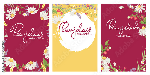 Beaujolais Nouveau wine label set. Vector backgrounds, bouquet of chamomile, strawberry, lavender and wheat ears, summer herbs, calligraphy lettering. 