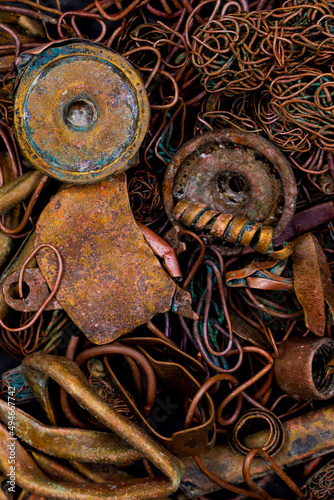 A pile of copper scrap for recycling. Copper is mainly heat pipes and heat exchangers from laptop cooling systems.
