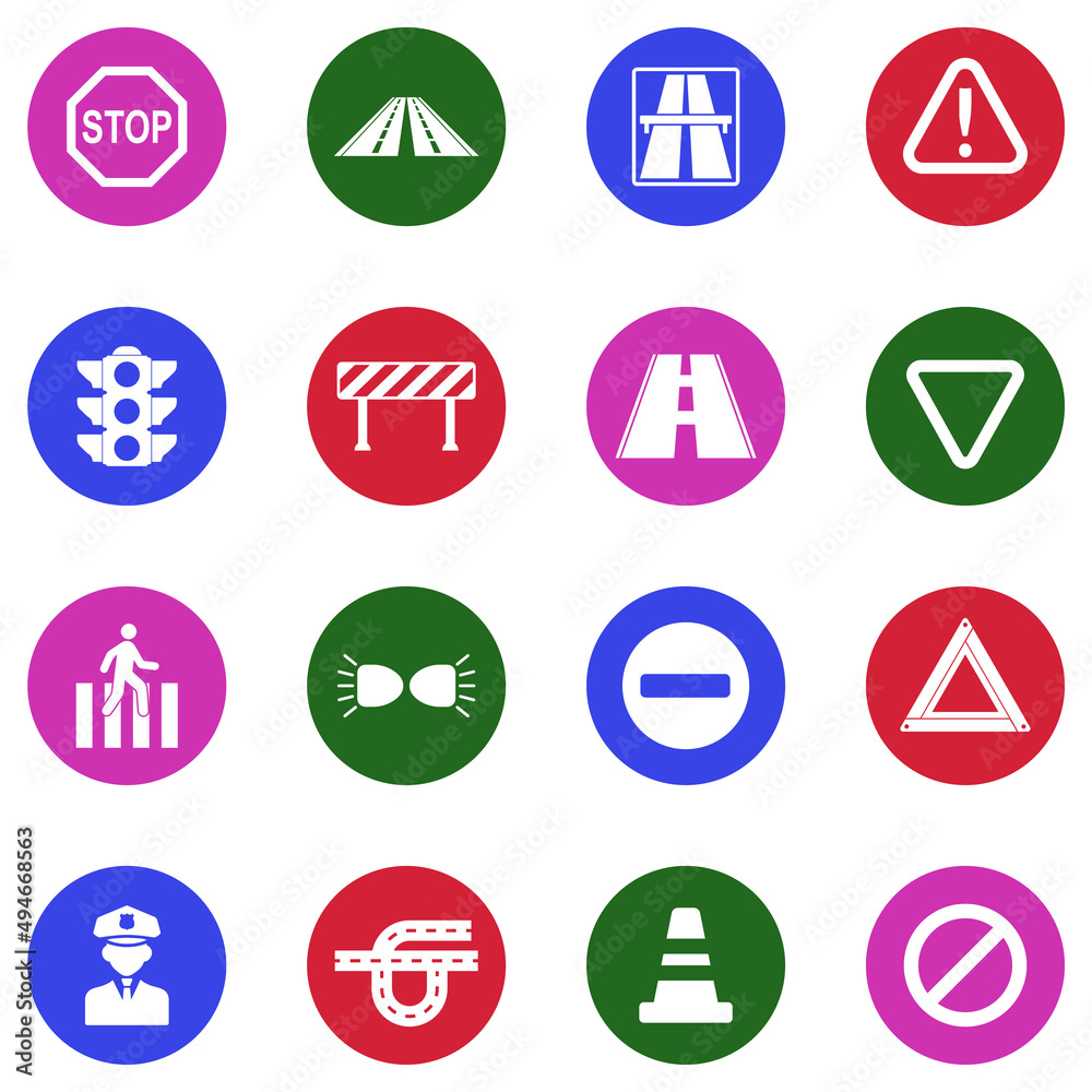 Traffic Rules Icons. White Flat Design In Circle. Vector Illustration. Traffic Rules Icons. White Flat Design In Circle. Vector Illustration.