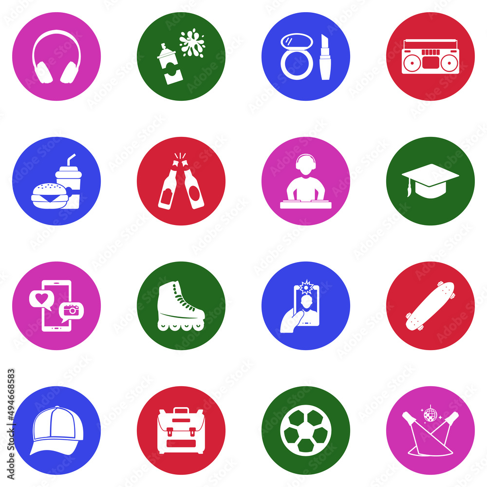 Youth Icons. White Flat Design In Circle. Vector Illustration. Youth Icons. White Flat Design In Circle. Vector Illustration.
