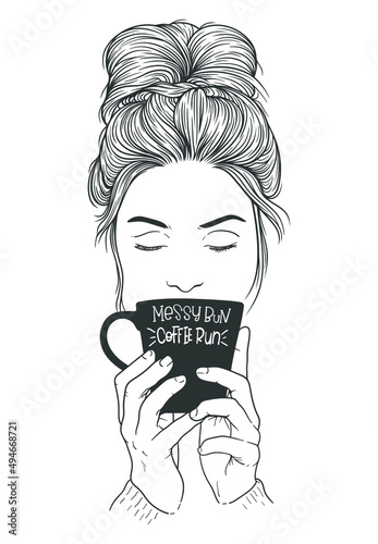Women with messy bun hairstyles with two hands holding a cup of coffee. Black and white vector line art illustration