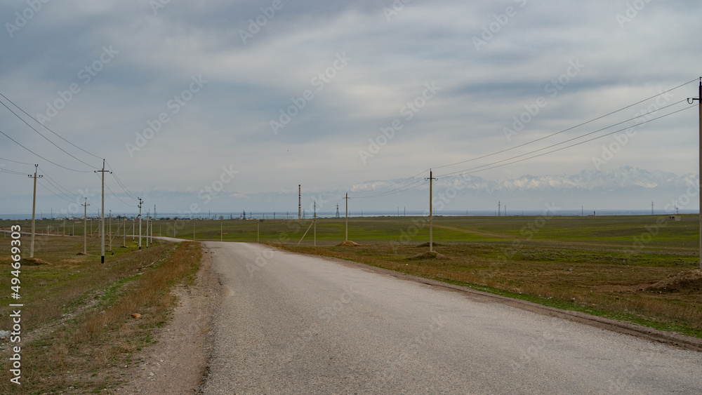 Asphalt road through the spring green steppe Asphalt road through the spring green steppe