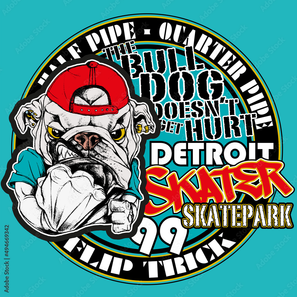 Naklejka premium Angry bulldog clenching his fists mascot of a skatepark. Skater bulldog with a red snapback and piercings inside a coat of arms with a fence in the background. Skateboarding illustration concept.