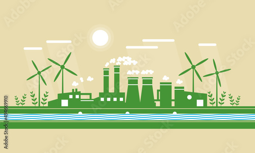 Green industrial factory plant sustainability development environmentally ecology friendly with wind turbine on brown background flat vector design.