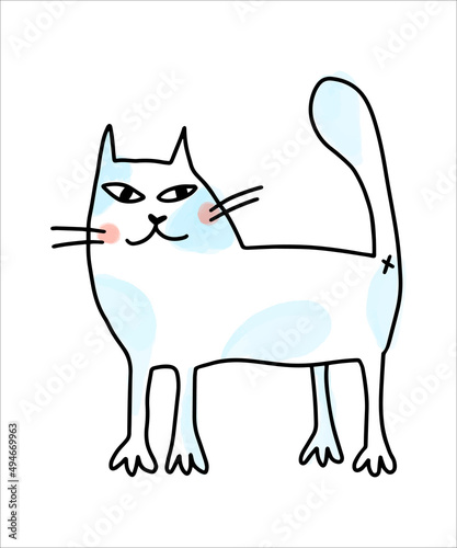 Vector Funny doodle cat with watercolor spots on the background.