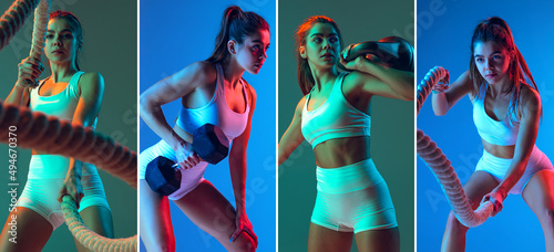 Set of portrait of sportive woman doing exercises with sports equipment isolated on studio background in neon light. Sport, action, fitness, youth concept.
